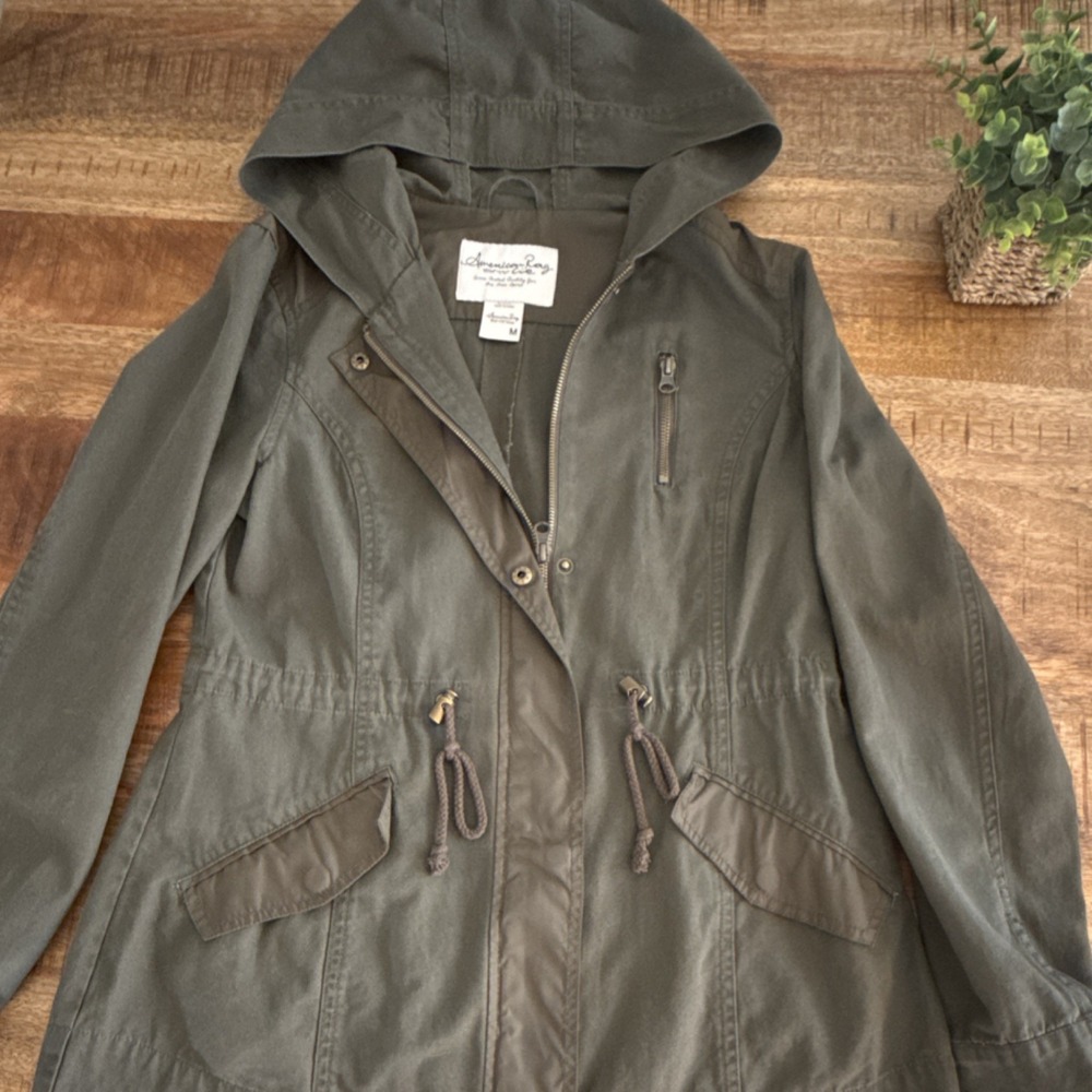 American Rag Hooded Utility Jacket Olive Drawstring Pockets Women's Size M